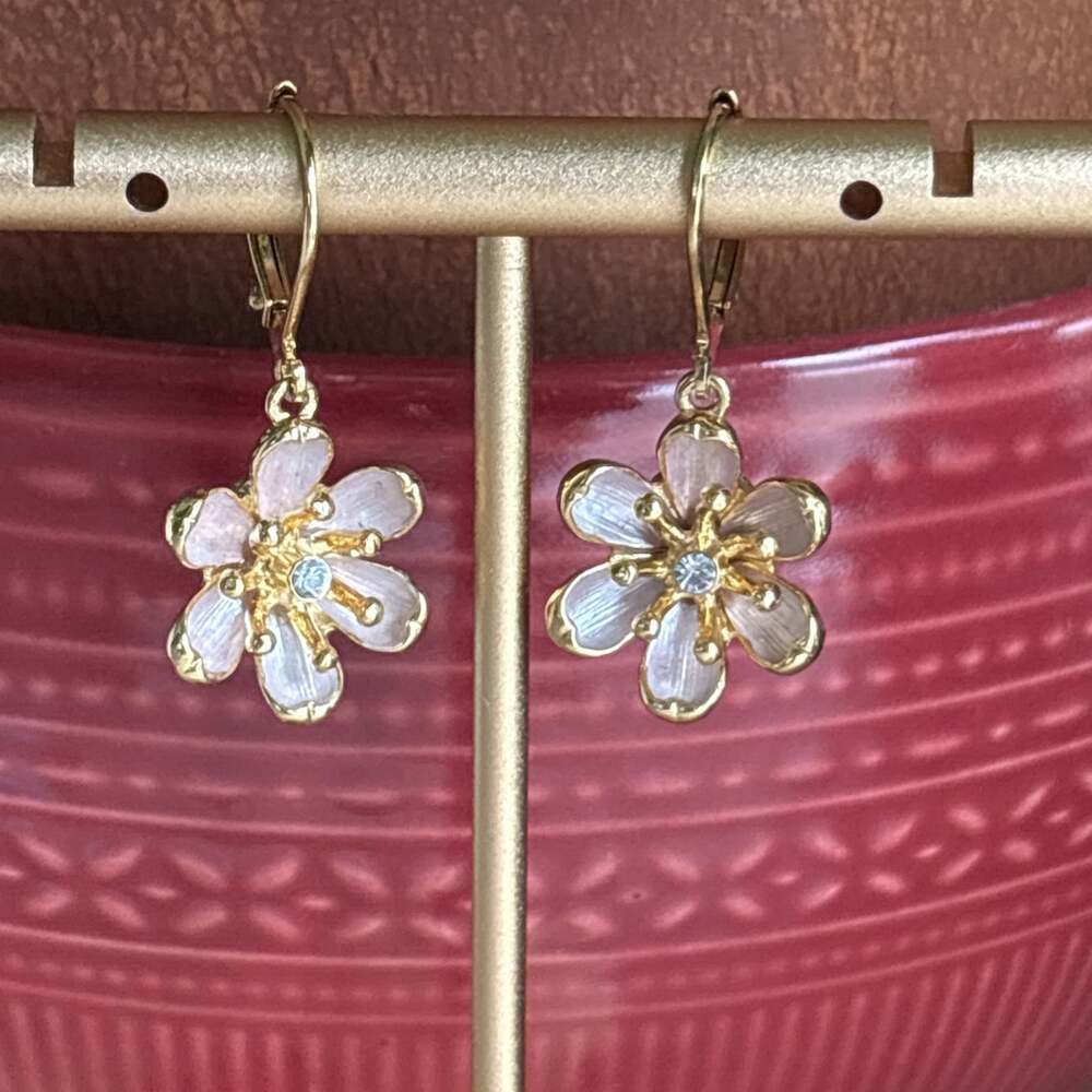 Joan Rivers Flower Dangle Earrings Gold Pink Enamel Pearlescent Crystals